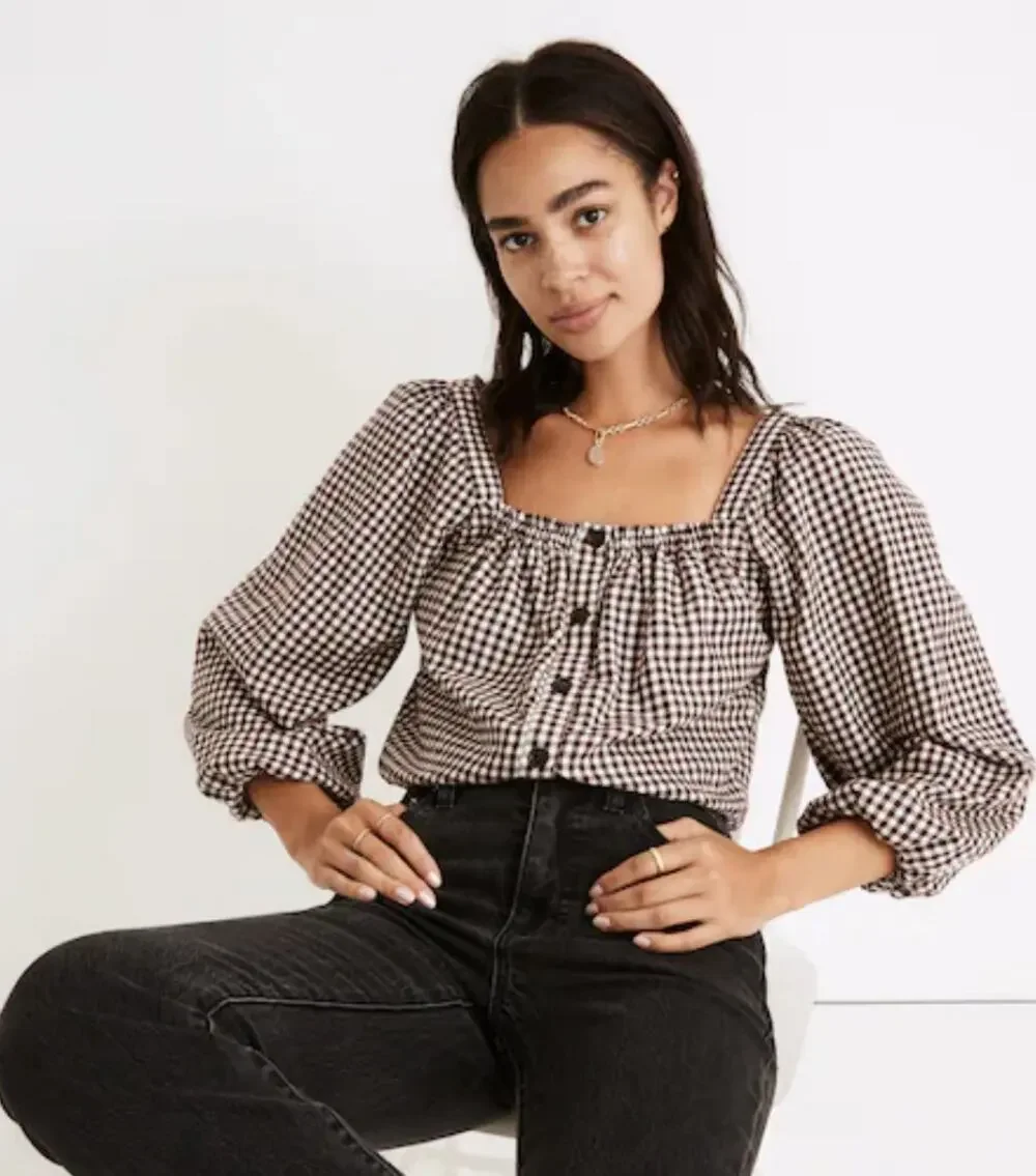 Madewell Puff Sleeve Cropped Flannel Top Chocolate Gingham Plaid M